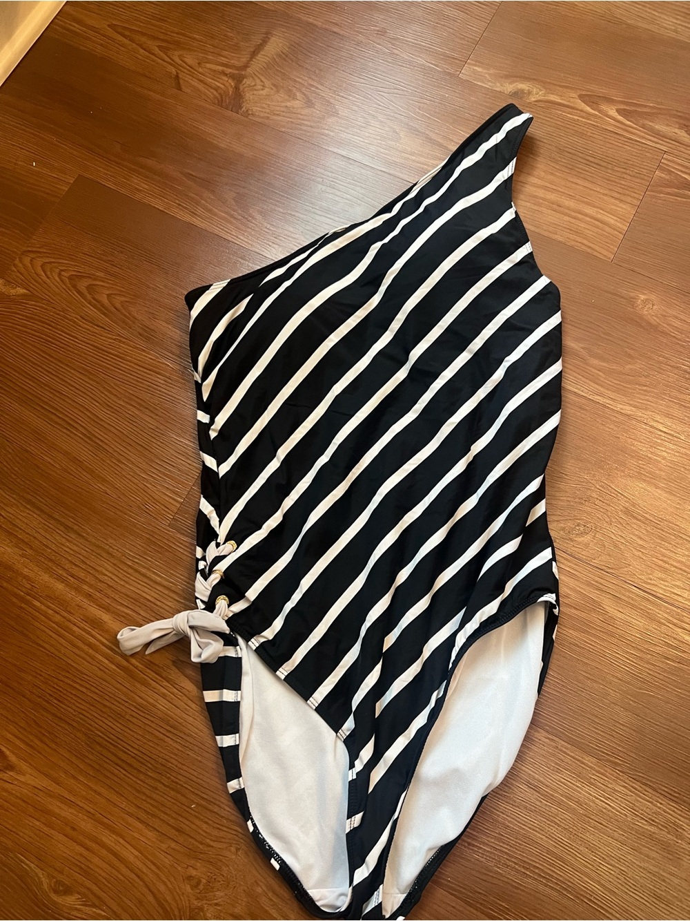 Ralph Lauren Black and White One-Shoulder Striped One-Piece Swimsuit